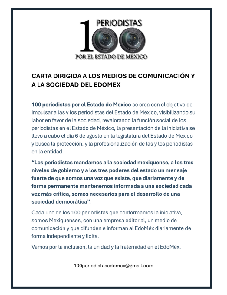 CARTA DIRIGIDA A LOS MEDIOS DE COMUNICACIÓN Y A LA SOCIEDAD DEL EDOMEX