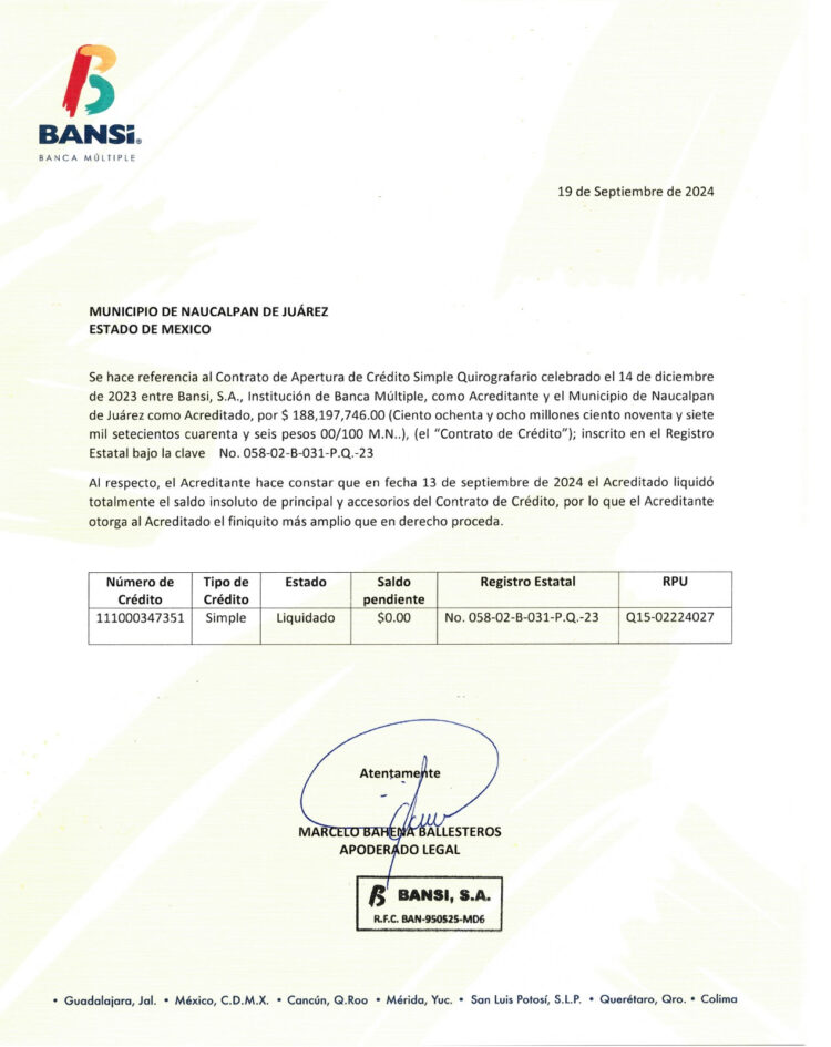 Paga Naucalpan crédito bancario por 188.19 MDP