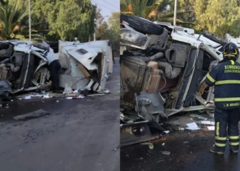 Tráiler queda destruido tras volcar sobre Periférico y Miguel Bernard
